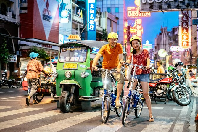 Bangkok Night Bike Tour -Hotel-pickup & Dinner - Yaowarat (Chinatown) alley rides and street-food tastings
