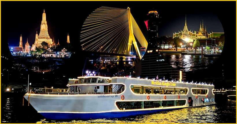 Bangkok: Noah 6 Stars Luxury Chaophraya River Dinner Cruise - The 105-minute Chao Phraya route: temples, bridges, and nighttime lighting