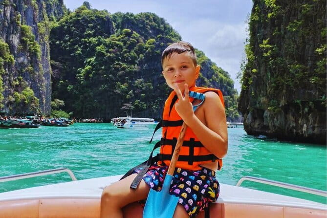 Phi Phi Islands Speedboat Tour: Khai & Maya - Viking Cave from the boat: quick views and a neat Captain Cook detail